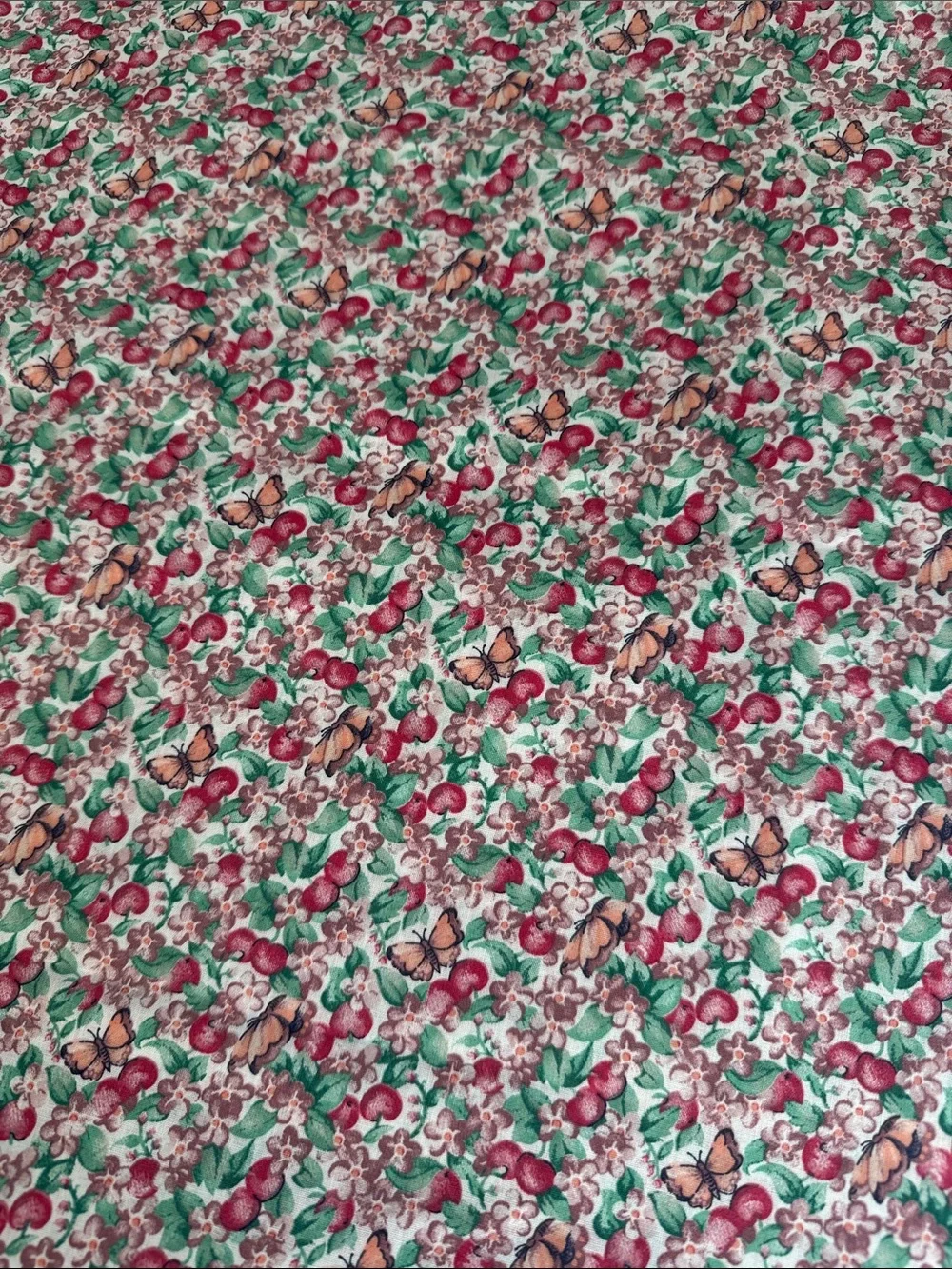 Vintage 1990s Cotton Blend Fabric 2 Yards x 44 Apple Floral Butterfly Print